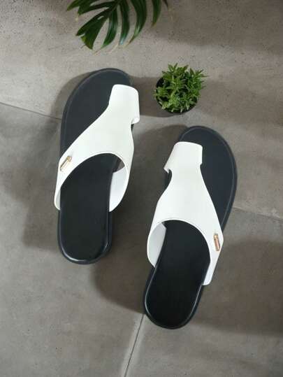 1 Pair Plain Color Fashionable Faux Leather Textured Open Toe Slip-On Sandals, Comfortable For Beach, Party, Wedding, Outdoor, Suitable For Spring/Summer