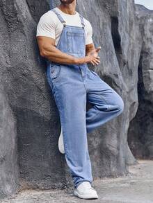 Runcati Men's Slim Fit Denim Bib Overalls Jeans With Boot Cut Trousers Adjustable Straps And Casual Fashion Style - Màu xanh lam - Xem 2