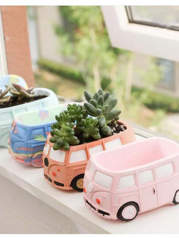 Cartoon Bus Car Flower Pot Silicone Mold Camper Van Shape Concrete Cement Mould For Succulent Planter DIY Crafts Storage Box Storage,Candle Cup Silicone Mould Home Garden Decor Craft Gifts