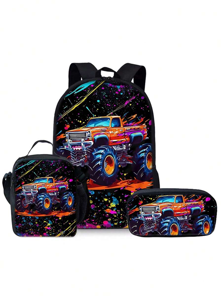 3pcs Set Cool Truck Backpack, Unisex, Lightweight Polyester, Adjustable Strap, Zipper Closure, Hand Wash, Personalized Style With Print Design - Black - View 1
