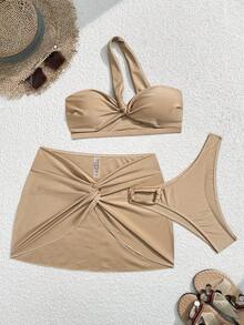 3 Piece/Set Stylish Solid One Shoulder Bikini Set With Short Skirt For Women Summer Swimsuits Beach Outfit - Coffee Color - View 3