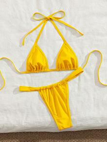Bộ bikini hai mảnh tam giác siêu nhỏ màu trơn mới, kiểu dáng thanh lịch, buộc dây cổ, thích hợp cho mùa hè đi biển và nghỉ mát của phụ nữ. - Màu vàng - Xem 4