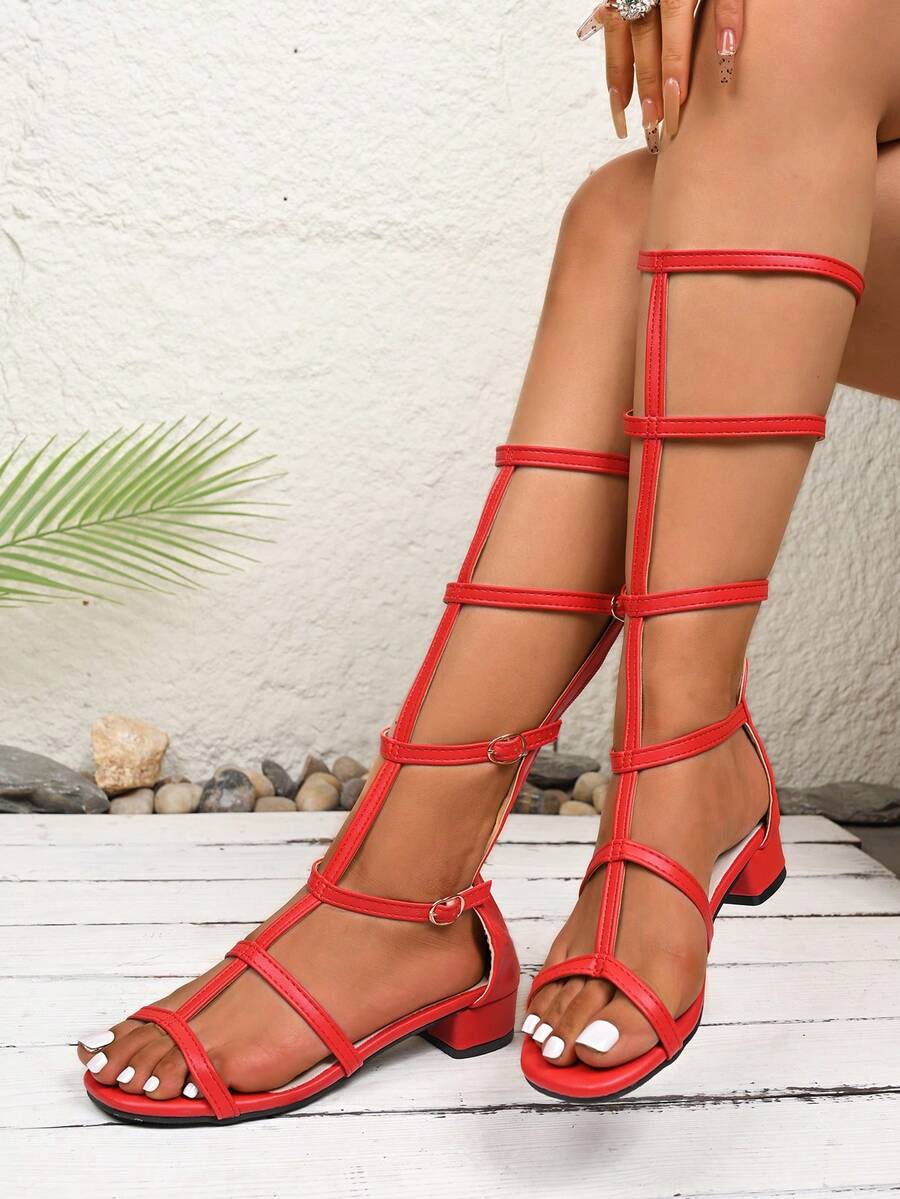 Sandały na wysokim obcasie z wyciętym kokardą i zamkiem błyskawicznym, nowe modne sandały na wysokim obcasie dla kobiet - Czerwony - Zobacz 1