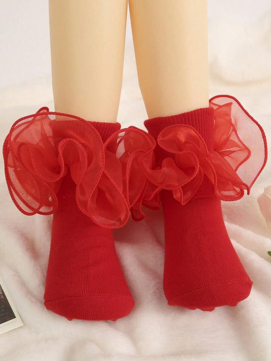 1 Pair Children/Toddlers Plain Sparkly Ruffled Ankle Socks - Red - View 1