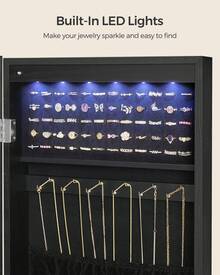 SONGMICS Hanging Jewelry Cabinet, Wall-Mounted With LED Interior Lights Jewelry Organizer, Door-Mounted Organizer, Full-Length Mirror, Gift Idea - Black - View 7