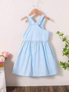Young Girl' Cute Ice Cream Print Woven Camisole Dress, Fresh White With 3D Flower Decor, Adorable And Unique, Suitable For Family Gatherings, Daily Outings, Soft And Breathable Fabric To Keep The Child Cool In Summer. Fits Girls Aged 4-7, Spring/Summer. - Blue - View 2
