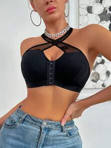 1pc Women's Solid Color Cross-Front Halter Bra, Comfortable Underwear - Black - View 3