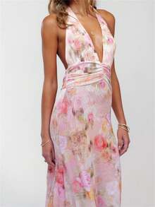 Womens Boho Floral Print Halter Maxi Bodycon Dress Deep V Neck Sleeveless Backless Dresses Cocktail Long Dress Beach Vacation Party Sundress Outfit - 粉色 - 查看 5