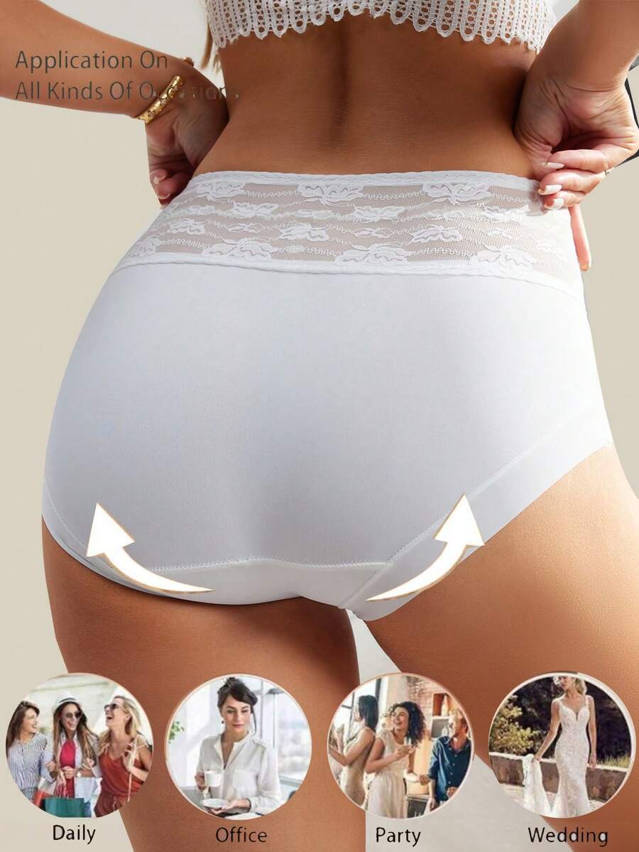 1pc High Waist Postpartum Lace Detail Seamless Tummy Control Shapewear Pants For Women, Panty - White - View 1