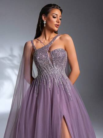 IBTRLY 优雅奢华女士不对称肩带串珠亮片网眼喇叭晚礼服，适合各种场合：正式宴会、派对、鸡尾酒会、婚礼嘉宾、斋月