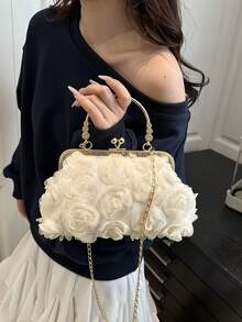 2025 新款链条花朵晚装手拿包，女士时尚明星手提包，纯色托特包/单肩包/斜挎包，链条手柄 [花卉图案位置各异]