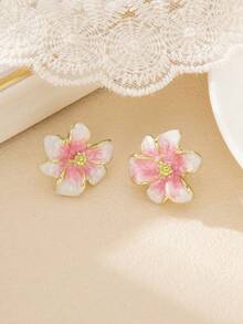 1 Pair Retro Elegant Gradient Flower Enamel Clip Earrings, 3D Delicate Design, Gentle Vibe Suitable For Office Ladies, Holiday Events, Women's Gift - 粉色 - 查看 12