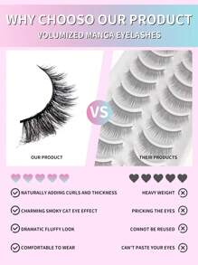 6 pares/paquete Pestañas postizas de visón naturales y gruesas con volumen dramático y revuelto. Pestañas falsas voluninosas y vaporosas de 8D que duran mucho, con aspecto de ojos foxy estilizador. Tiras de pestañas postizas completas para alargar y dar volumen a la esquina exterior del ojo.