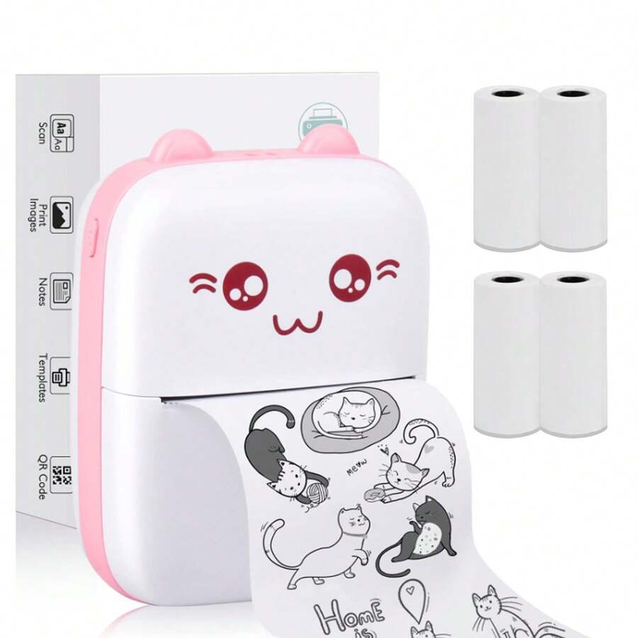 Mini Pocket Printer, Portable Printer With 4 Rolls Of Printing Paper For IOS Android Smartphone, Sticker Receipt Label, Photo List Notes, Gift For - Pink - View 1