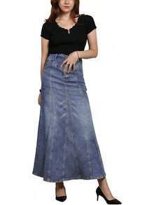 Women's Retro Exposure Button-Fly Packaged A-Line Maxi Long Skirt - Màu xanh nhạt - Xem 2