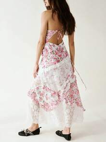 Women Patchwork Dress Y2k Floral Spaghetti Strap Cut Out Maxi Dress Sexy Bodycon Backless Summer Beach Sundress - 粉色 - 查看 6