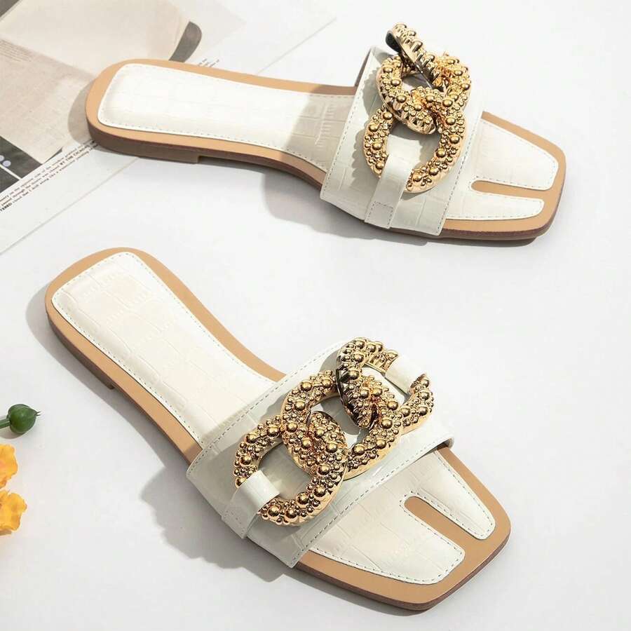 Refined Women Glittery Mule Sandals For Womens Knot Buckle Strappy Comfort - trắng - Xem 1