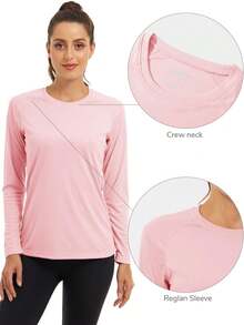 Women's UPF50+ Crew Neck Long Sleeve T-Shirts Quick Dry Sun UV Protection Tee Shirts Breathable Athletic Workout Hiking Tops - 淺粉色 - 查看 5