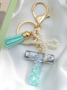 1 pièce Porte-clés avec lettre initiale, pendentif bicolore en résine, porte-clés minimaliste à la mode avec faux perle. Accessoire pour voiture, sac, sac à dos pour l'école, accessoires gothiques Y2K, idées de cadeaux pour la Fête des enseignants, Noël, accessoires pour sœur - Lac Bleu - Voir 18