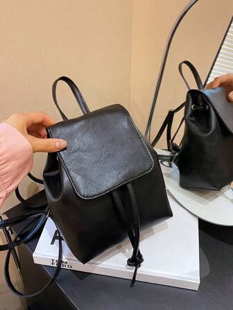 简约纯色背包，百搭抽绳收纳背包，迷你女士简约包