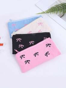 1pc Beautiful Pencil Bag, Creative Bow Embroidery Pattern , Simple And Stylish Pencil Case Desktop Finishing Essentials, Back-To-School Must-Have Stationery - Multicolor - View 4