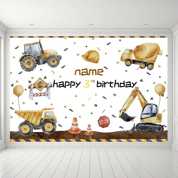 Individuell gestaltbares, personalisiertes Baustellenthema Geburtstag Hintergrundbanner mit Muldenkipper, Bagger, Kran Geburtstagsfest Thema, individuelles Alter und Name, Alles Gute zum Geburtstag für Geburtstage und Jahrestage, perfekt für Fotoboxen & Feiern