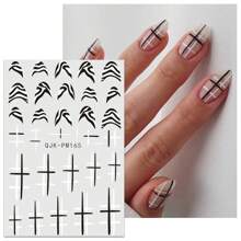 6 Pieces Of Black And White Hot Stamping Simple Geometric Lines French Nail Art Stickers Disposable Self-Adhesive Backing Adhesive Women DIY Art Decoration Accessories Nail Stickers