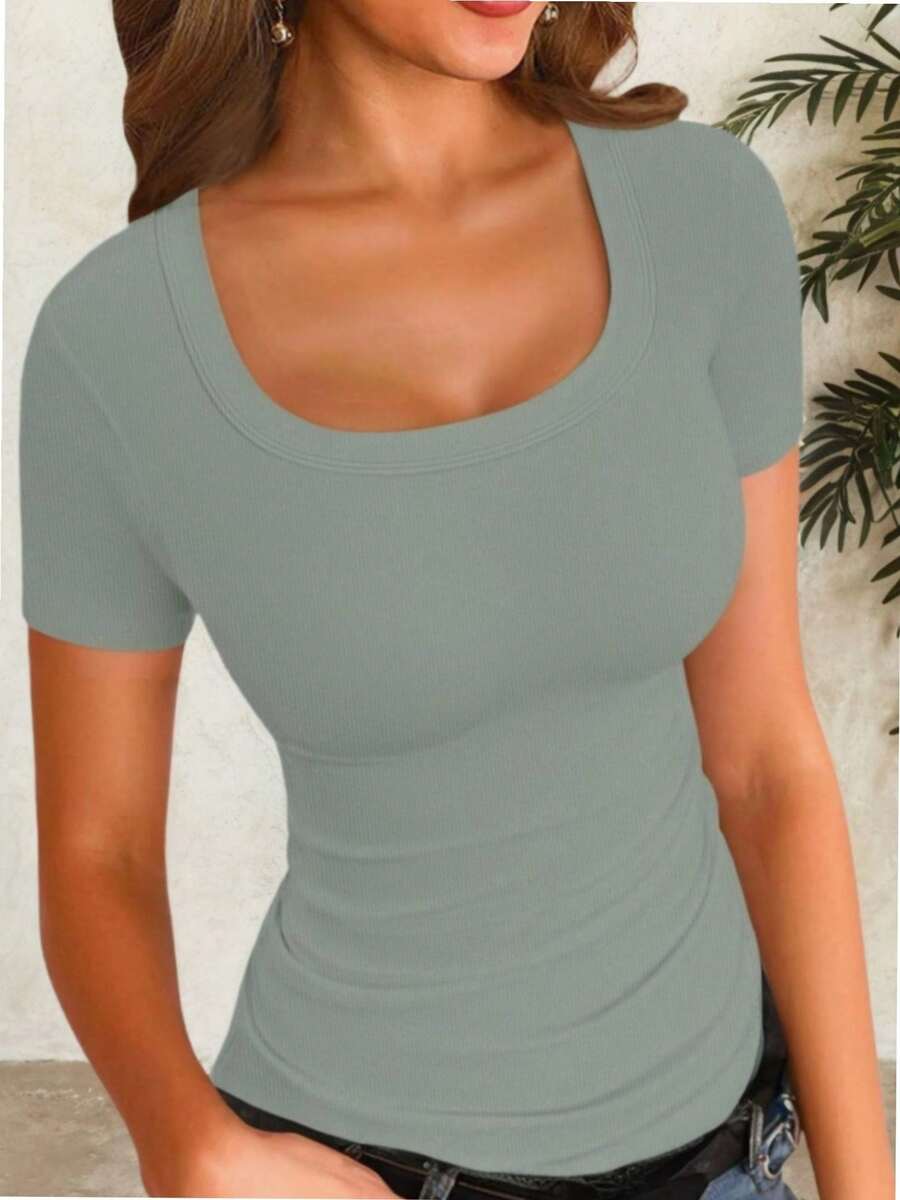 QUEENTI Women's Short Sleeve Round Neck Top Fit Summer T Shirt - Xám Xanh Lá Cây - Xem 1
