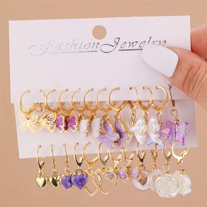 Juego de 24 piezas de aretes con diseños de corazón, mariposa, perla falsa, lazo y flor, accesorios de moda, regalo para niñas