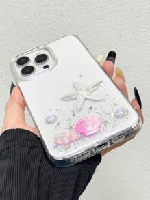 1pc Textured Transparent Starfish & Pink Shell 2-In-1 Resin Mobile Phone Case Compatible With IPhone 11 12 13 14 15 Pro Max Waterproof Shockproof Anti-Fall Scratch Resistant