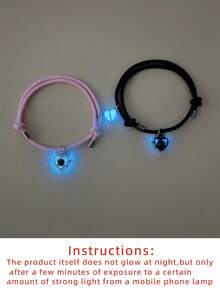ATLVXJL 2pcs Glow In The Dark Couple Bracelets, Cute Projection Bead Inlaid Heart Shaped Black & Pink Pendant, Casual Everyday Wear, Couple Gift For Halloween, Valentine's Day - Multicolor - View 10