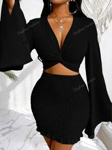 Women Summer Vacation Solid Color Knot Front Crop Flare Sleeve Top And Shirred Bodycon Mini Skirt Vacation 2-Piece Set
