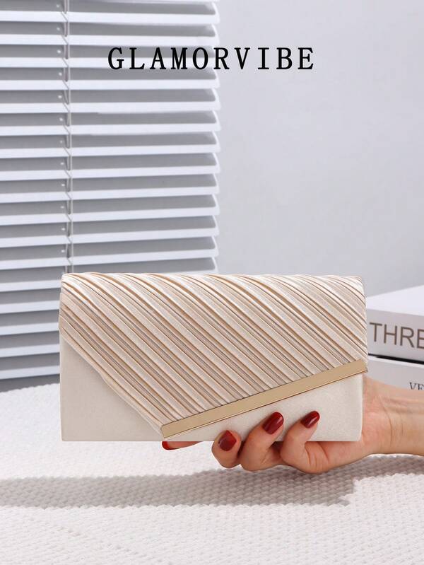 Women's Handbag, Faux Silk Pleated Evening Clutch Bag With Metal Decor, Handheld & Crossbody, Women's Wallet, Suitable For Evening Gala, Party, Prom, Wedding, Birthday Gift, Valentine's Day Gift, Night Out