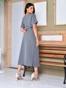 Women's Set Midi Skirt High Waist Front Slit Belt Bow Short Sleeve Blouse Elegant Evangelical Fashion - Xám - Xem 3