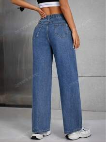 Pantalones de mezclilla sueltos con efecto desgastado, lavado liso, estilo casual, cierre de cremallera y botón, para mujer.