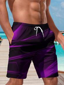 Men's Hawaiian Style 3D Print Casual Beach Shorts - Quick Dry, Drawstring Waist, Perfect For Summer Outings - Purple - View 4