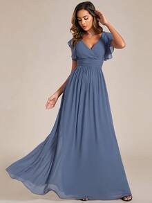 EVERPRETTY Spring Short Sleeve V-Neck Ruched Asymmetric Chiffon Bridesmaid Dress, Greyish Blue - Dusty Blue - View 3