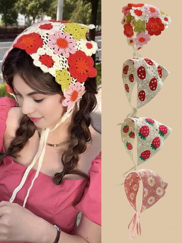 1pc Set Crochet Flower Hairbands, Knitted Mushroom Pattern Headbands, Fashionable Women'S Knit Hair Accessories With Elasticity For Girls