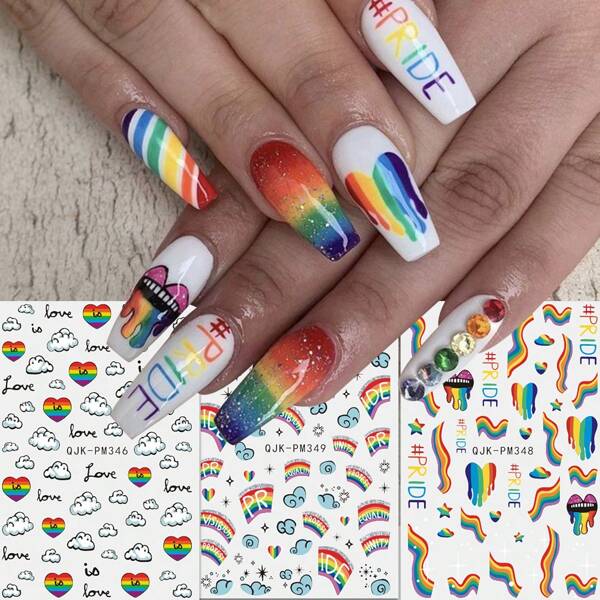 3 Pieces Of Spring And Summer Dopamine Love Rainbow Auspicious Cloud Nail Stickers Disposable Self-Adhesive Backing Adhesive For Women DIY Art Decoration Accessories