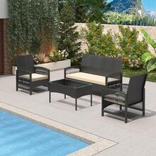 Mcc Direct 4Pcs Rattan Garden Furniture Set, Patio Rattan Furniture Sofa With 2 Armchairs, 1 Loveseat Sofa And 1 Coffee Table - Sofia - Black - View 5