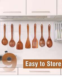 8pcs/9pcs Premium Wooden Kitchen Utensil Set | High Quality, Durable, Heat-Resistant Wooden Spoons, Spoon Rest, Utensil Holder And Non-Stick Spatula - Ergonomic Handles, Easy To Clean, Ideal For Home Cooking And Baking - 9pcs - View 5