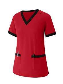 (Four-Piece Set) Scrubs Uniform Women's Running Matte Elastic Sports Nurse  Uniform Wash Clothes Work Clothes Breathable Scrub Shirt - 紅色 - 查看 9