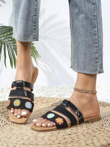 Sandalias de estilo bohemio de piel de poliuretano bordadas para playa, hogar y oficina