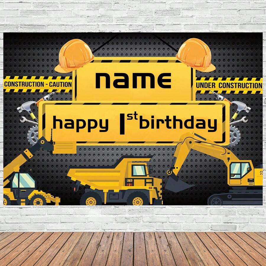 Customizable Personalized Black Yellow Construction Themed Party Birthday Backdrop Banner With Excavator Crane Dump Truck Birthday Party Theme Customizable Age And Name Happy Birthday For Birthdays Perfect For Photo Booths & Celebrations