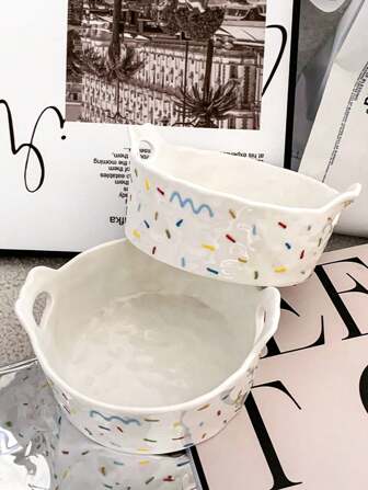 1pc 6-Inch Ceramic Two-Ear Bowl With Premium Embossed Texture, Candy Cake-Like Shape, Ins Style, Suitable For Serving Noodles Or Fruits,School Supplies