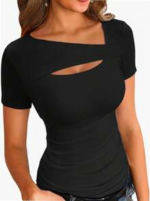 QUEENTI Women's Fashion Clothing Jumpsuit Skeleton Blouse Short Sleeve Slim Shirt T Shirt - 黑色 - 查看 1