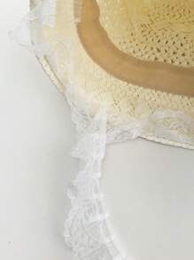 1pc French Lace Brim Straw Hat, Elegant Solid Color Hollow Woven Sun Hat With Lace Ribbons, For Beach, Outdoor, Picnic, Summer