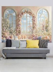 1pc Colorful Windowsill Flowers Arch Photography Backdrops Floral Vaulted Windows Party Banner 59.1*39.4/82.7*59.1/106.3*70.9 Inches Blooming Photo Background Newborn Shower Birthday Wedding Decoration Supplies