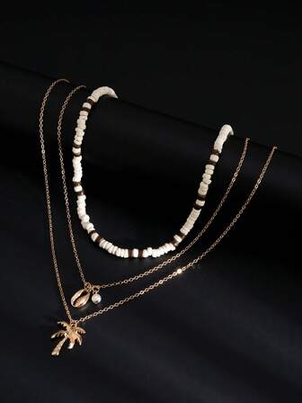 3 件套简约棕榈树和贝壳吊坠串珠项链，适合男士日常佩戴