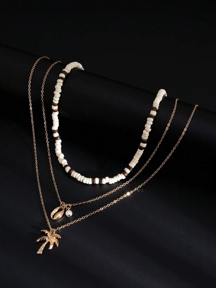 3pcs Set Minimalist Palm Tree & Shell Pendant Beaded Necklace, Daily Wear For Men - Yellow Gold - View 1